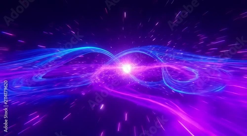 Neon blue and purple light trails forming an infinity loop with glowing particles, representing eternal connection and futuristic energy