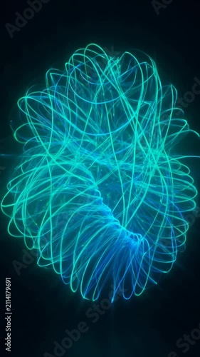 Neon cyan glowing energy sphere with swirling light particles, dynamic motion trails, futuristic digital orb, data visualization, cybernetic tech effect