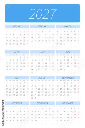 Calendar for the year 2027 shows a clean and minimalist monthly layout designed for efficient time management and professional project scheduling.