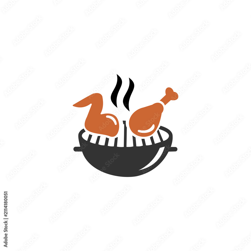 Fototapeta premium A minimalist graphic vector icon depicting a dark grey barbecue grill containing hot brown chicken pieces—a wing and a drumstick—with two wavy black steam lines rising between them, set against a clea