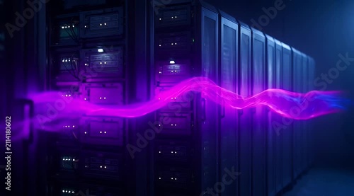 server rack in dark data center with flowing purple light effect representing high speed data transmission, cloud computing, cyber security