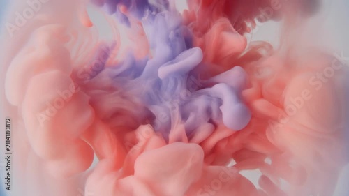Watercolor pigment blooms through clear water as soft coral and lavender hues unfurl into organic cloudlike formations under gentle overhead lighting with elegant cinematic macro motion.