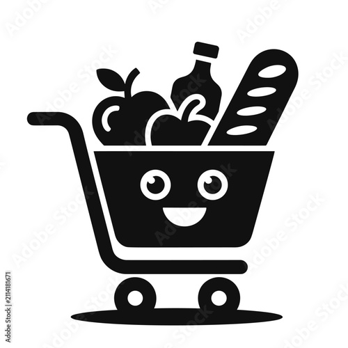 Smiling shopping cart icon filled with groceries. Cute supermarket mascot for retail, food delivery