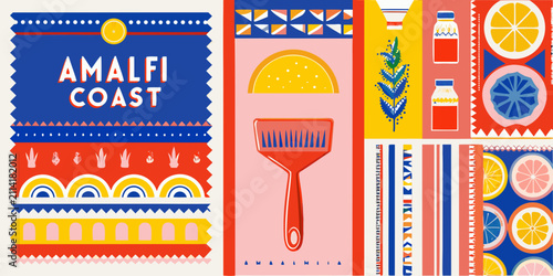 Obraz na plátne amalfi coast travel poster vibrant vector illustration food lemon pattern stripe