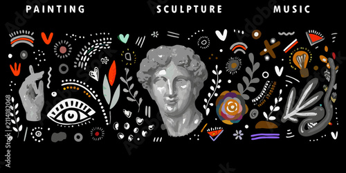 art exhibition banner with sculpture painting music icons vector illustration graphic design culture creativity expression symbolism black background colorful elements abstract modern decorative