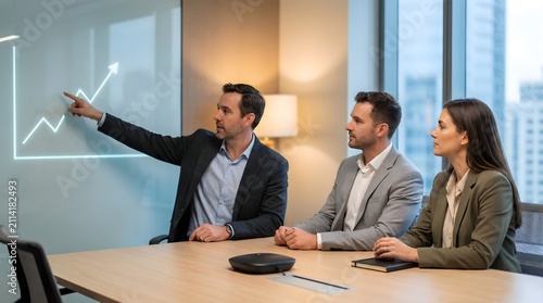 Business presentation in a modern office, man pointing at a rising graph on a screen, two colleagues listening attentively, corporate meeting, team, bright natural light