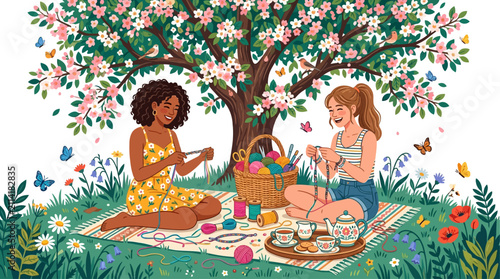 Spring picnic knitting vector, women crafting under blooming tree, garden hobby scene