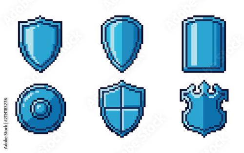Set of blue pixel art defensive shield icons in various classic shapes