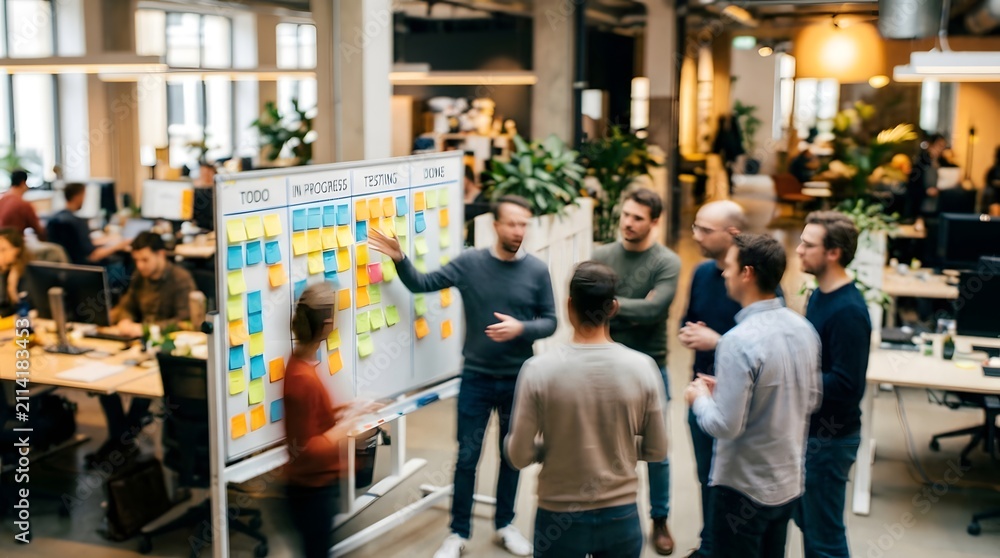 Fototapeta premium Agile team standing near kanban board with colorful sticky notes in open plan office.