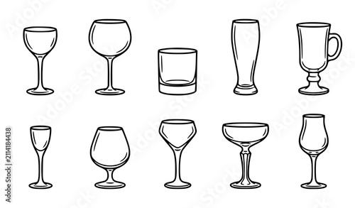 фотографія Set of 10 Cocktail and Wine Glass Icons Including Goblet Cognac Snifter Coupe Pi