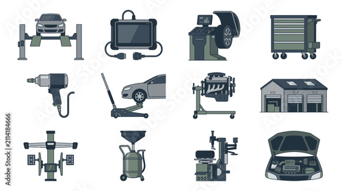 Foto Collection of industrial tools and machinery icons.