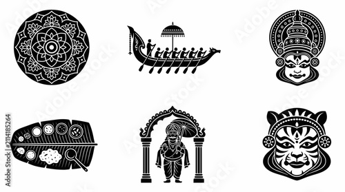 Six black and white vector icons for Kerala Onam festival celebration featuring snake boat, Kathakali mask, and traditional food.