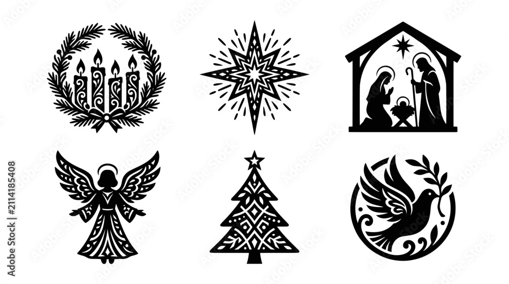 Obraz premium Set of Christian Christmas icons featuring nativity, angel, dove, tree, advent candles, and star of Bethlehem.