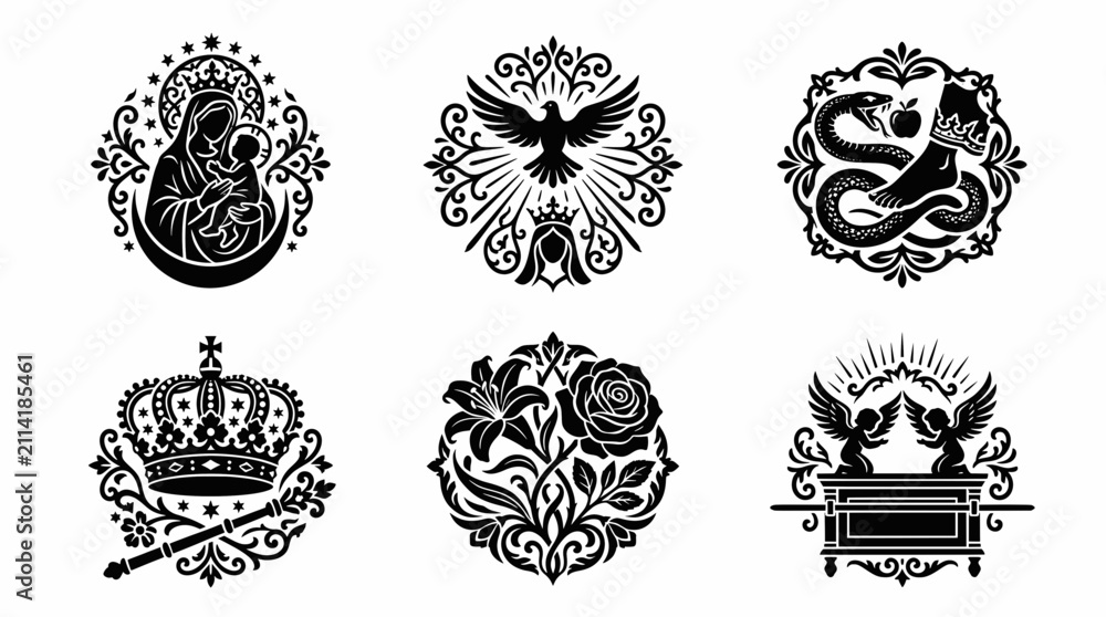 Obraz premium Set of black religious and royal icons featuring virgin mary, dove, crown, snake, and ark of the covenant.