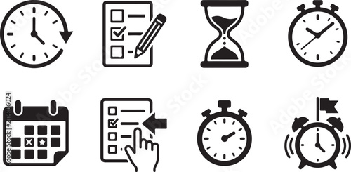 Set of eight time management and productivity icons Vector