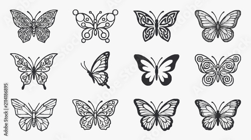 Black and White Butterfly Line Art Collection.