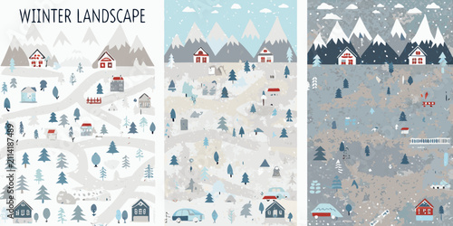 Fotografía winter landscape posters with snowy mountains and houses seasonal scene cold wea