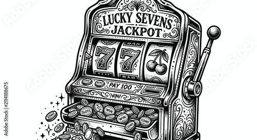 Cuadro en lienzo Vintage slot machine tattoo style illustration featuring lucky sevens and cherries, ornate black and white line art of a casino jackpot with coins spilling out on a white background