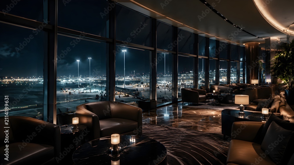 Obraz premium Luxury Airport Lounge at Night with Runway Views Reflective Windows and Elegant Furnishings Interior Photography