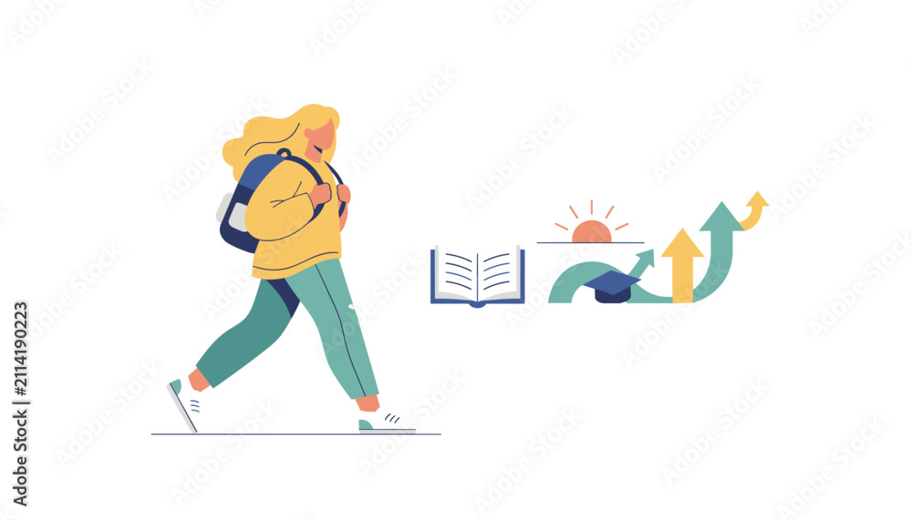 Obraz premium Female student walks confidently toward her academic goals alongside symbolic career and education progress icons.