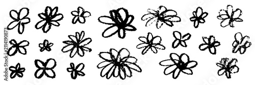 Black crayon sketched flowers. Cute hand drawn flower set. Spring, summer childish floral doodle art