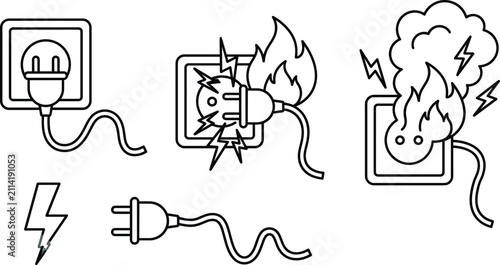 Fotografie Electrical fire hazard icons set short circuit overload spark flame wall socket
