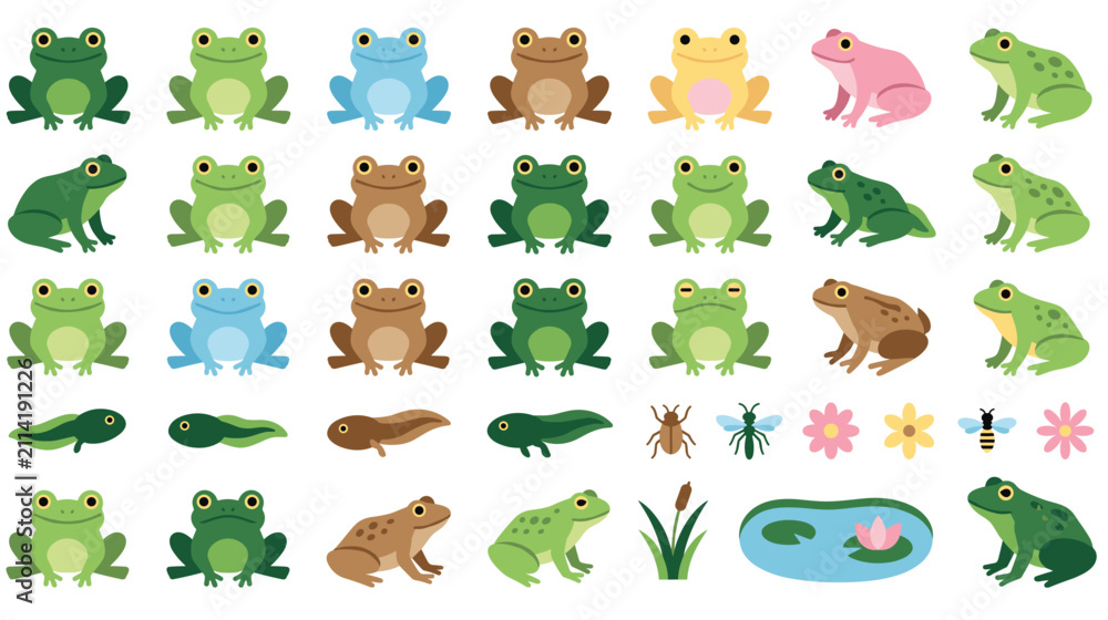 Obraz premium Collection of cartoon frogs tadpoles and insects in flat design.