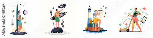 Canvastavla A series of four imaginative illustrations depicting adventurous men exploring nautical, cosmic, and travel themes with surfboards, lighthouses, and celestial elements