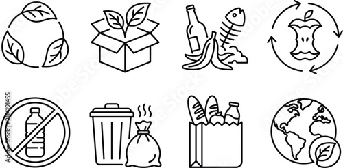 Fotografie Ecology and waste management icons set recycling leaves compost organic food was