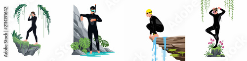 Konstfotografi Flat vector illustrations of active divers and swimmers in black wetsuits exploring lush tropical environments with cliffs, waterfalls, and exotic plants