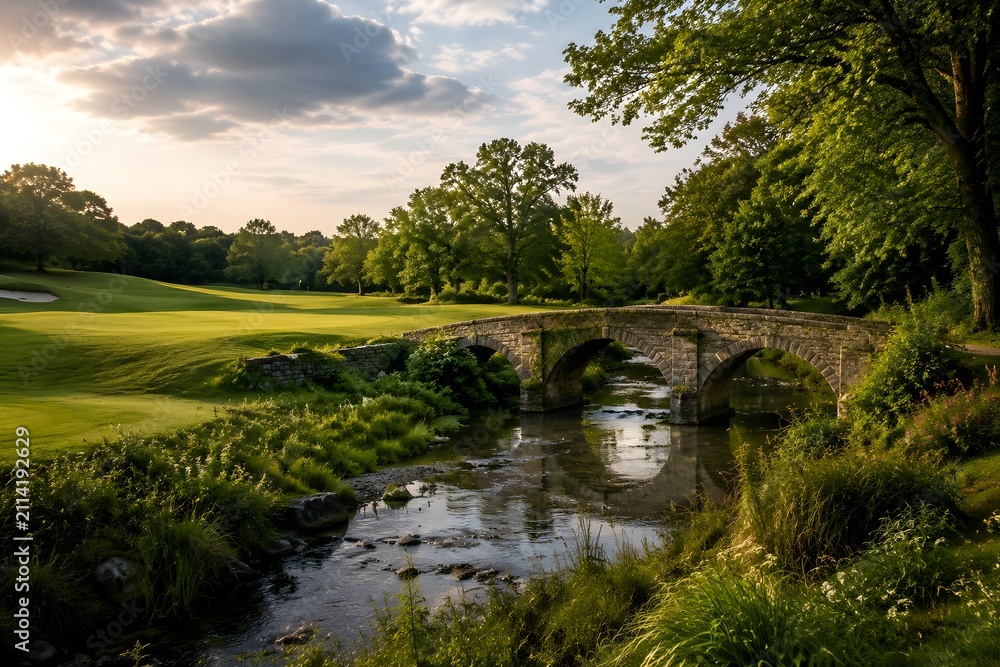 Fototapeta premium Golf Course Beside Historic Stone Bridge and Stream for Timeless Countryside Landscape Photography Scene View