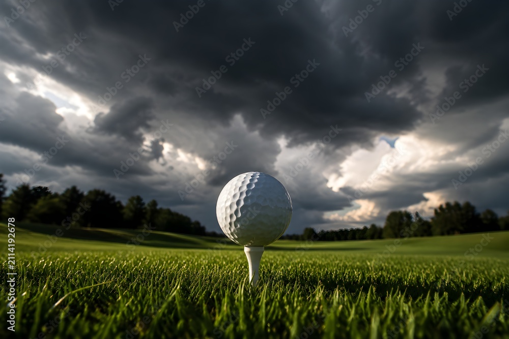 Fototapeta premium Golf Ball on Tee Beneath Storm Clouds with Bright Sunlit Foreground Sports Photography Scene Composition