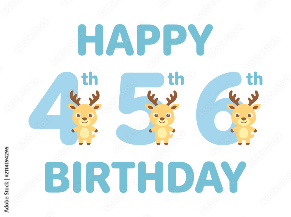 Fototapeta premium Happy 4th 5th 6th birthday greeting card design with cute little deer characters and blue numbers for children celebration