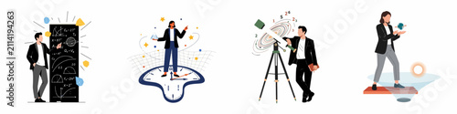 Bild auf Leinwand Set of flat vector illustrations depicting scientists exploring concepts of physics, astronomy, time relativity, and the space-time continuum in a modern educational style