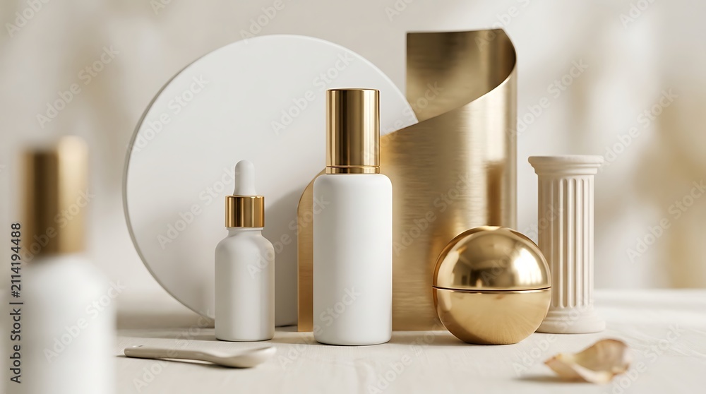Obraz Cosmetic skincare bottles with gold caps and geometric props on a neutral background for beauty product display