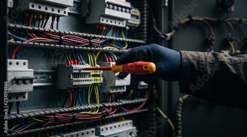 Electrician wiring circuit components inside an electrical panel