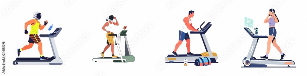 Fototapeta premium Flat vector illustration collection of diverse people exercising on treadmills, including unique characters wearing astronaut helmets for space training concepts.