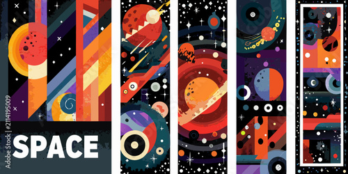 Fotografie space themed vector illustrations with colorful retro design futuristic planets