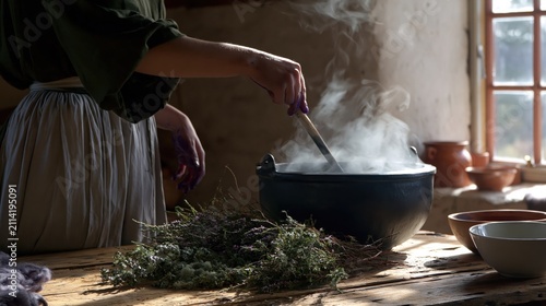 Wool dyer stirring steaming vat with foraged plants in rustic workshop