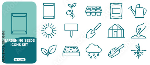 Gardening seeds icons set, line of seed packets, seedlings, greenhouse, watering can, garden tools, and weather symbols in teal