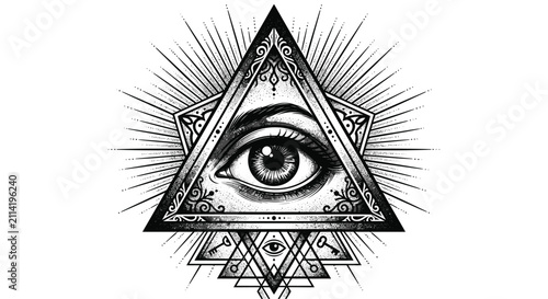 Fotografie Black and white tattoo style illustration of an all-seeing eye of providence inside a mystical pyramid triangle with symmetrical geometric patterns, light rays, and detailed iris