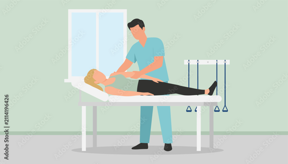Fototapeta premium Male physical therapist helps a female patient perform gentle arm stretches on a clinical table during rehabilitation.