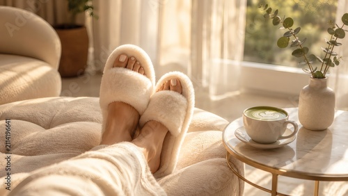 Cozy feet in fluffy slippers relaxing with matcha latte by sunny window