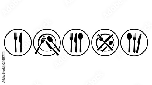 Utensil icons set with flat design kitchen tools featuring fork, knife, spoon, whisk, and spatula with chopsticks and ladle