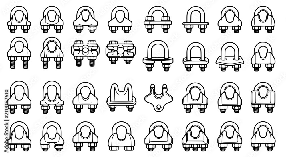 Fototapeta premium Large array of U-bolt pipe clamps and heavy duty metal fasteners in isometric line art style for industrial and mechanical construction