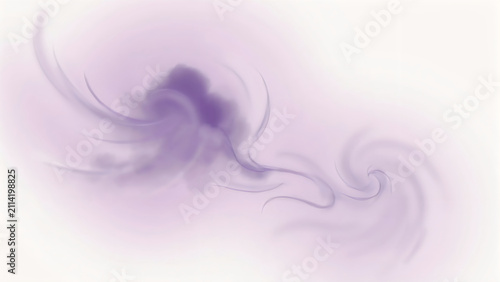 Abstract swirling purple smoke trails floating against a minimalist soft white background texture