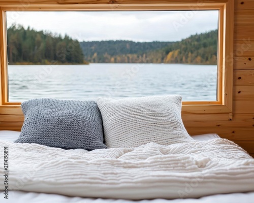 River view from cozy bedroom on houseboat