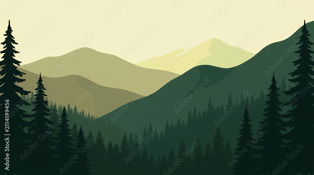 Fototapeta premium Minimalist nature illustration featuring dark green mountain slopes, layered distant peaks, and dense pine forest beneath a softly glowing yellow sky.