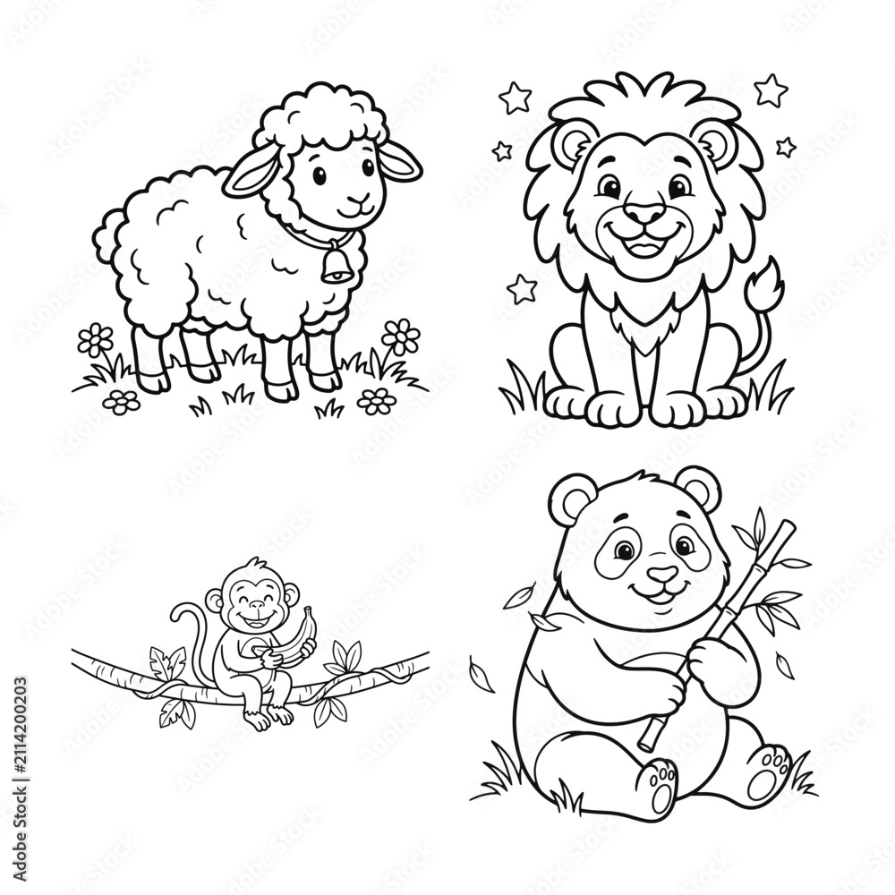 Obraz premium Collection of cartoon animal illustrations featuring a sheep lion monkey and panda illustration animals