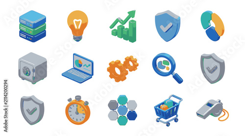 Colorful flat design icons for business and technology concepts.